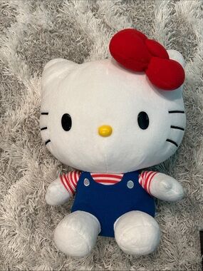 Sanrio Hello Kitty Plush - White with Red Bow and Blue Overalls